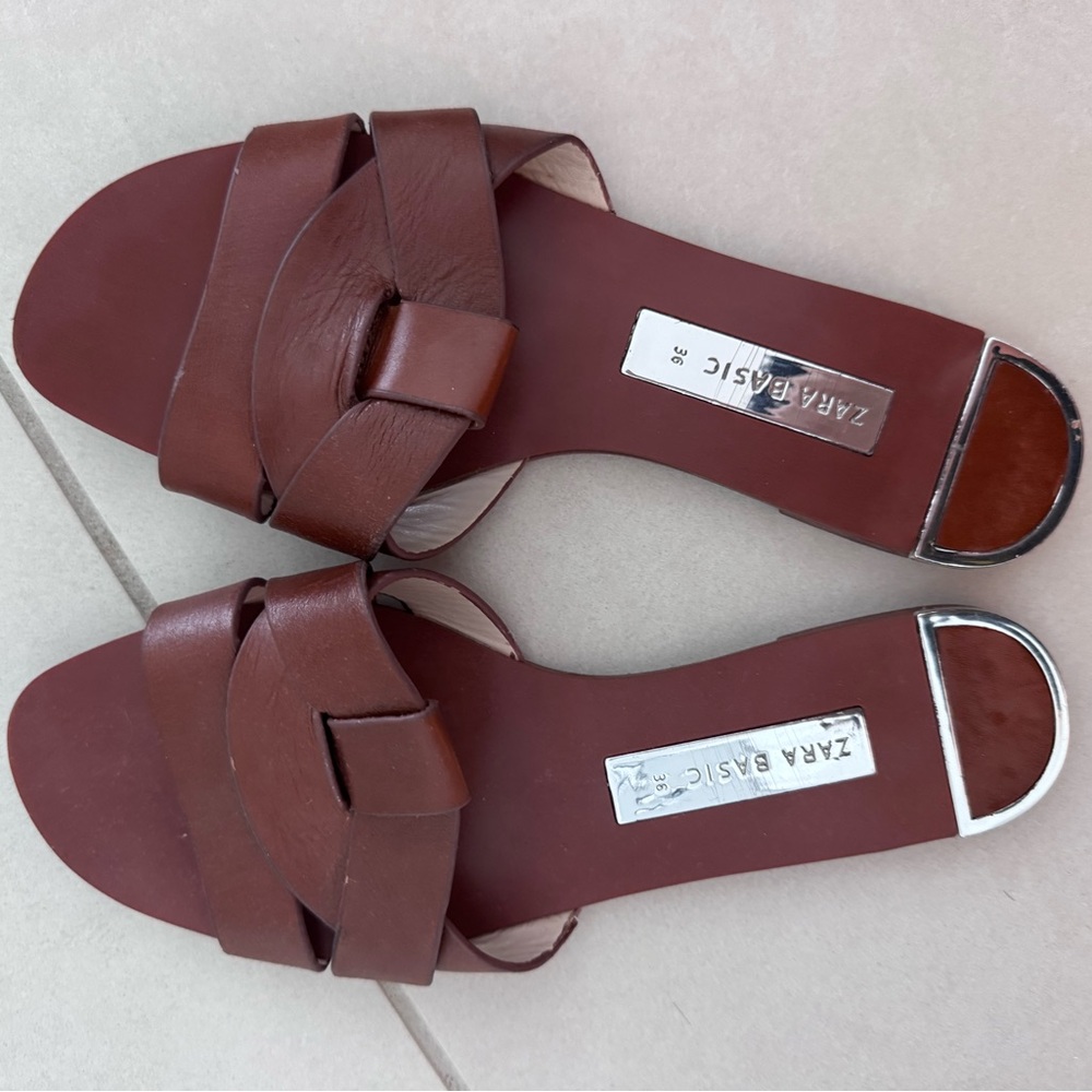 Tan Zara slides real leather 36 / 6